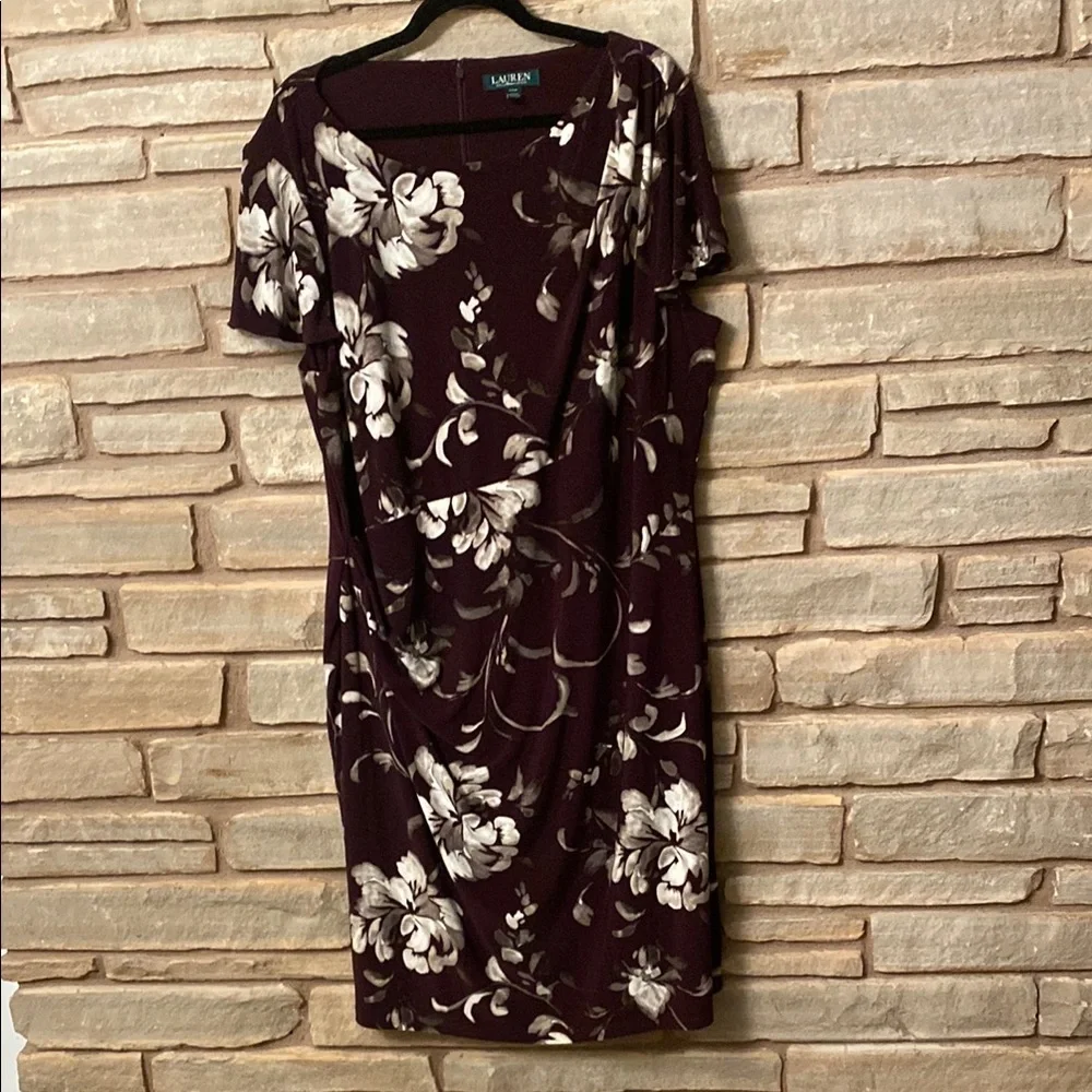 Ralph Lauren Floral Flutter Sleeve Ruched Jersey Dress Plum/ Grey Size 20W - Picture 3 of 11